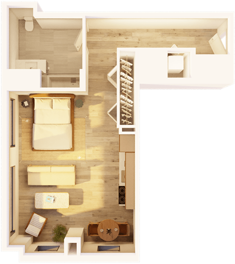 Floor plan for studio, 1 bath, 629 sqft